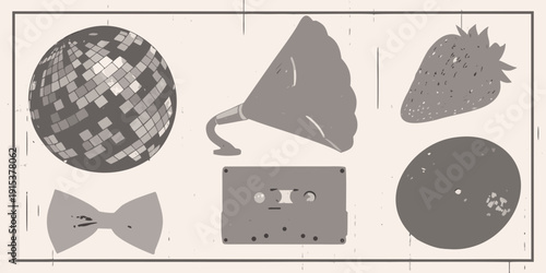 A collection of retro objects including a disco ball gramophone and fruit