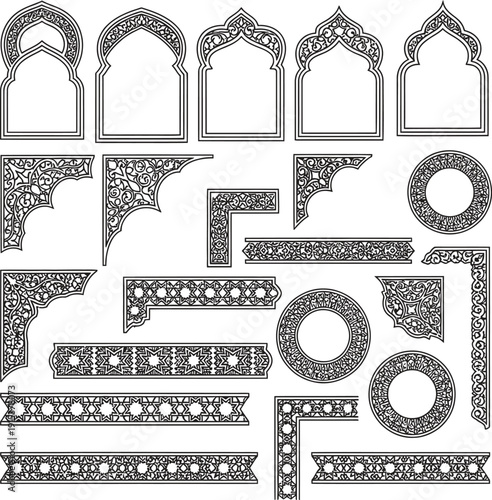 Intricate archway and ornament collection in a detailed black and white design.