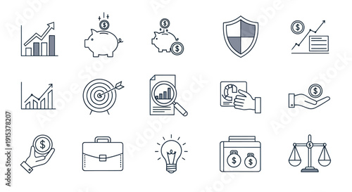 Financial Icons Set: Investment, Savings, Security, Growth, Ideas