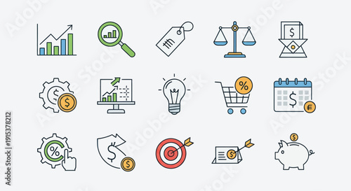 Financial Icons Set: Growth, Investment, Savings, Data Analysis, Marketing