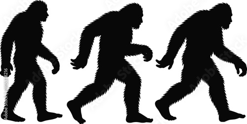 Set of Bigfoot sasquatch silhouettes walking in different poses isolated on white background mythical creature vector illustration