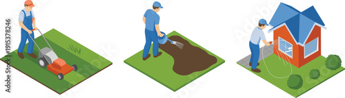 Isometric landscaping workers mowing lawn, watering soil, cleaning house exterior, professional gardening and home maintenance service illustration concept vector design