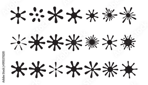 Set of black starburst splash shapes with various radial arms isolated on white background vector illustration