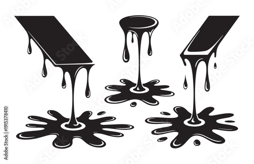 Black liquid dripping from surfaces creating puddles set vector illustration isolated on white background art