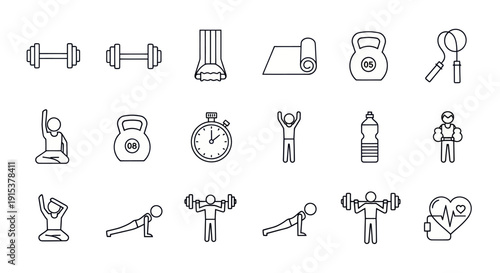 Fitness and Workout Icons: Dumbbells, Kettlebell, Yoga Mat, Jump Rope, Stopwatch