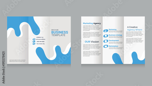 Modern Business Trifold Brochure Template with Blue Liquid Wave Shapes.