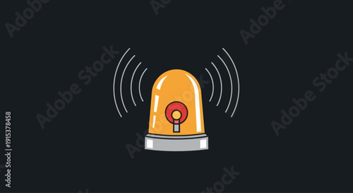 Flashing yellow siren light with sound waves on dark background, alert concept