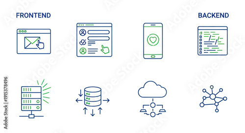 Frontend and Backend Development Icons: UI, Database, Server, Cloud, Network