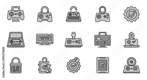 Gaming Security Icons: Padlocks, Controllers, Computers, Gear, Checkmarks