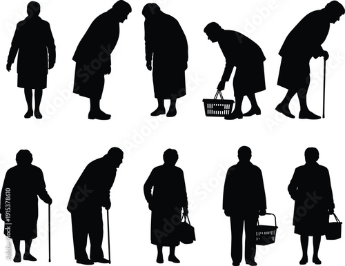 Elderly people silhouettes collection with walking cane and shopping basket isolated on white background senior lifestyle vector set