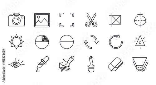 Graphic Design Icons Set: Editing Tools, Camera, Scissors, Brush, Eraser, Color Picker
