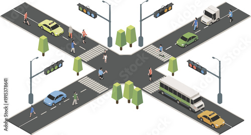 Isometric urban intersection with traffic lights, pedestrians, cars and bus, city road transportation infrastructure vector illustration design concept