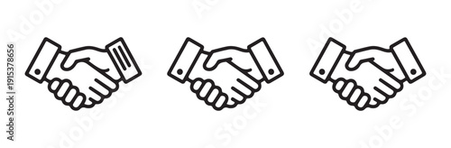 Business handshake icons in outline styles representing agreement partnership deal success and teamwork