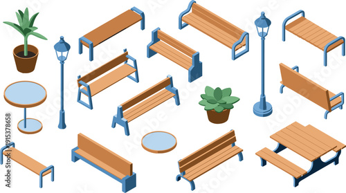 Isometric park furniture set, wooden benches, street lamps, tables and plants, urban outdoor vector illustration collection design elements