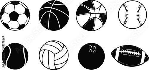 Black and white sports balls icon set including soccer basketball baseball tennis volleyball bowling and American football vector illustration