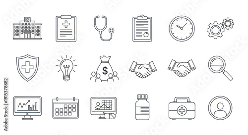Healthcare and Business Icons: Medical Icons, Finance, and Strategy Symbols