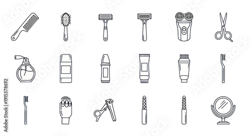 Grooming Essentials Icon Set: Hairbrush, Comb, Razor, Clippers, Scissors, Mirror