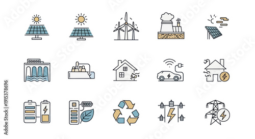 Green Energy Icons: Solar, Wind, Electric Car, Battery, Recycle, Power Lines