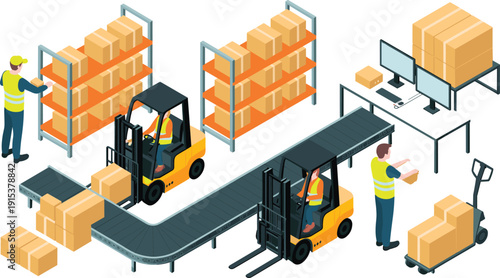 Isometric warehouse logistics with forklifts, conveyor belt, storage shelves, workers managing boxes, supply chain distribution illustration concept background