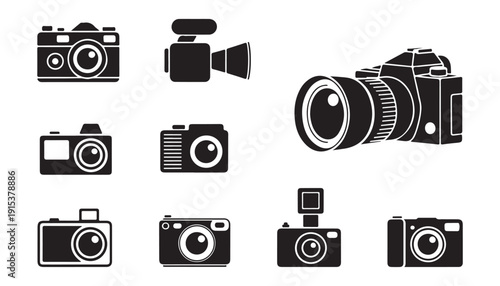 Group of camera icons showing different types of photographic and videographic equipment for capturing images