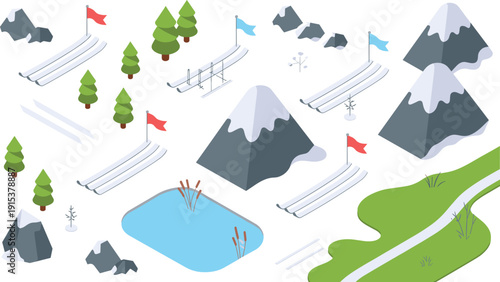 Isometric winter ski resort landscape with snowy mountains, slopes, pine trees, frozen lake, outdoor recreation illustration background concept