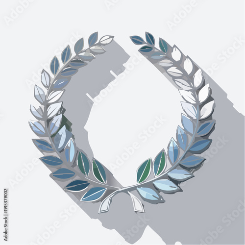 Silver laurel wreath with blue and green leaves on white background.