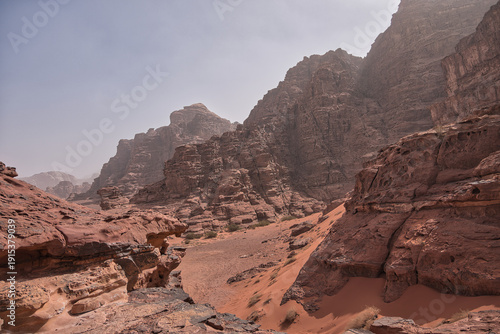 Majestic red sandstone mountains in Wadi Rum desert, Jordan