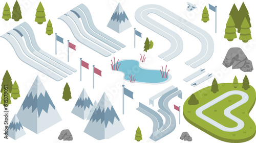 Isometric winter sports landscape featuring ski slopes, snowy mountains, frozen lake, pine trees, outdoor recreation illustration background concept