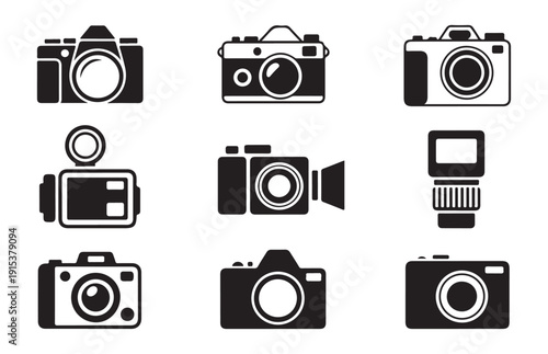 Assorted camera and camcorder icons illustrating various devices for professional and amateur photo and video capture