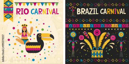Colorful rio carnival poster with toucan and festive decorations