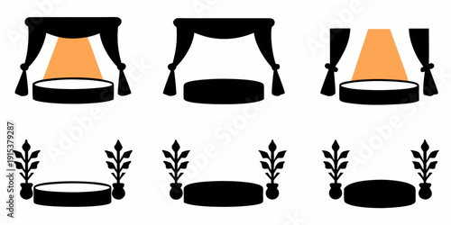 Stylized illustration of graduation caps and laurel wreaths in black and orange