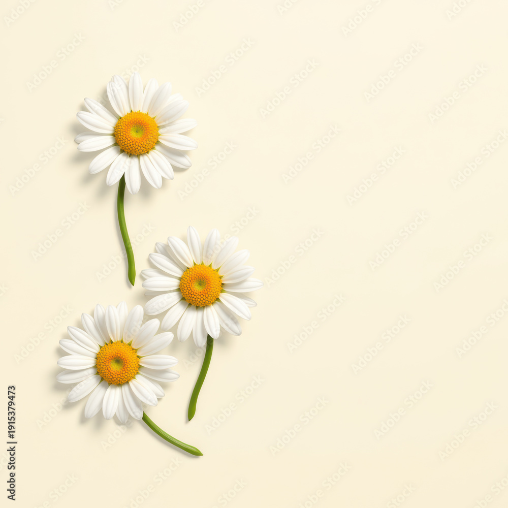 Fototapeta premium Three daisy flower white petal yellow center green stem minimal top view isolated soft background spring nature