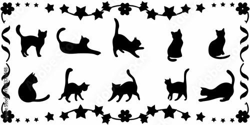 Black silhouettes of cats arranged within a star shaped border
