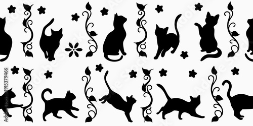 Black silhouettes of cats in various poses with decorative swirls and stars
