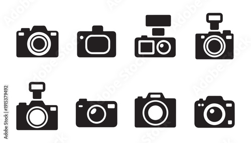 Set of black and white camera icons, digital equipment, photography devices, technology elements collection