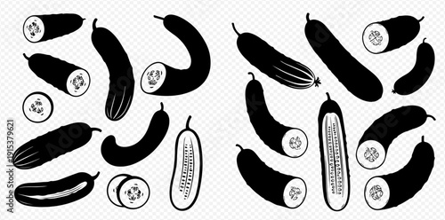 Set of black cucumber silhouettes, whole and sliced vegetables, healthy food ingredient vector illustration.