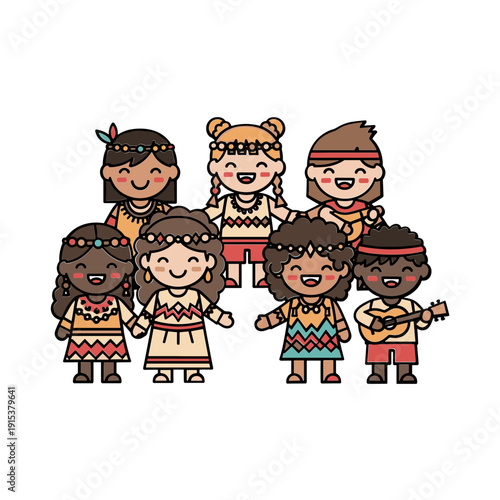 Diverse group of happy children standing.