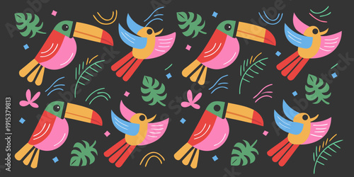 Colorful tropical birds and foliage pattern on a dark background