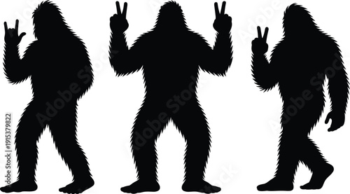 Bigfoot sasquatch silhouettes showing peace and rock hand gestures isolated on white background mythical cryptid vector illustration