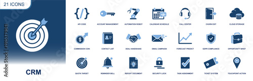 CRM icon set. Containing api code, automation, calendar, call center, cloud storage, contacts, deals, email campaign, forecast, security, tasks, tickets and more. Solid icons collection
