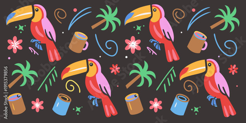 Colorful toucans tropical leaves and drinkware in a seamless pattern