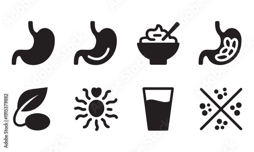 Digestive Health and Food Allergy Icons Set – Stomach Pain, Gastric Care, Vegan Diet, Dairy Free, Intolerance and Nutrition Black Silhouette Symbols Collection