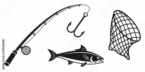 Tableau sur toile A fishing rod, hook, lure, and net with a fish illustration