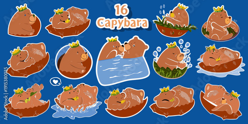 Adorable capybaras wearing crowns in various playful illustrated poses