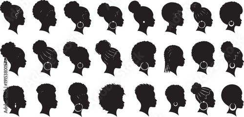 Black Woman Profile Silhouette Set - African American Female Hairstyles and Afro Beauty Portrait Collection