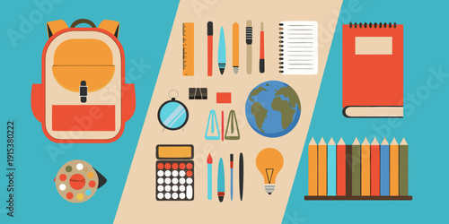 School supplies arranged on a dual toned background a flat lay illustration