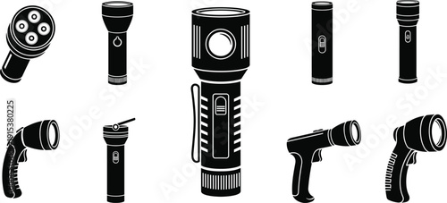Flashlight and torch icon set black and white portable emergency light vector illustration collection isolated design