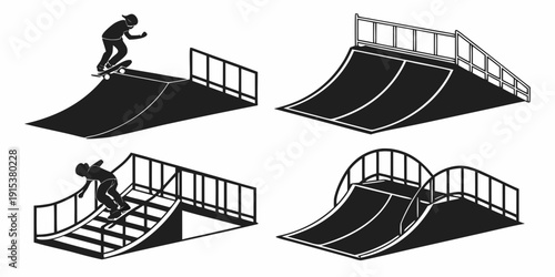 Bild auf Leinwand Skateboarders performing tricks on a variety of ramps and obstacles Vector