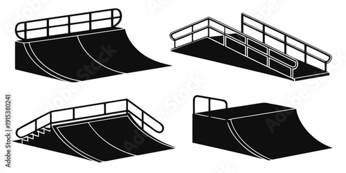 Εκτύπωση καμβά Four distinct types of skateboarding ramps in black and white illustration Vecto