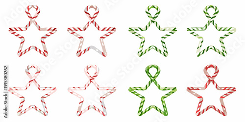 Four festive candy cane figures and stars arranged on a white background